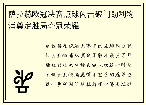 萨拉赫欧冠决赛点球闪击破门助利物浦奠定胜局夺冠荣耀